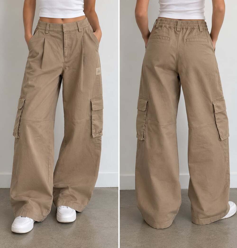 Alo Yoga Workwear Cargo Wide Leg Pant Tan Pleated Front Utility Trouser M